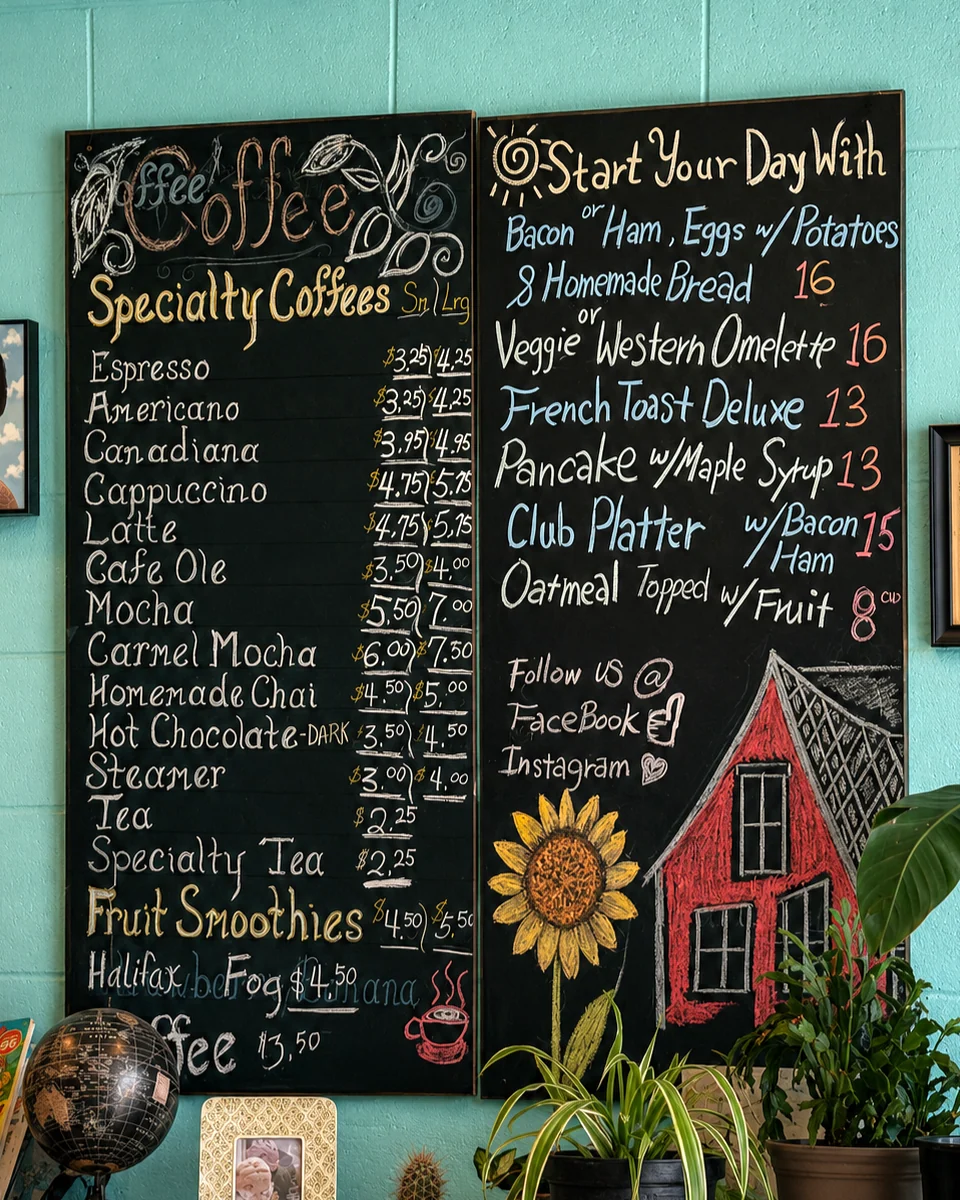The hand-lettered chalkboard menu inside Annie's Place Cafe