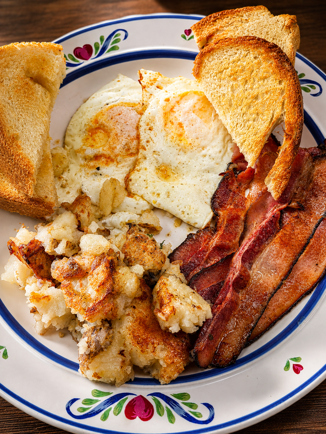 A breakfast plate with bacon, eggs, potatoes and toast