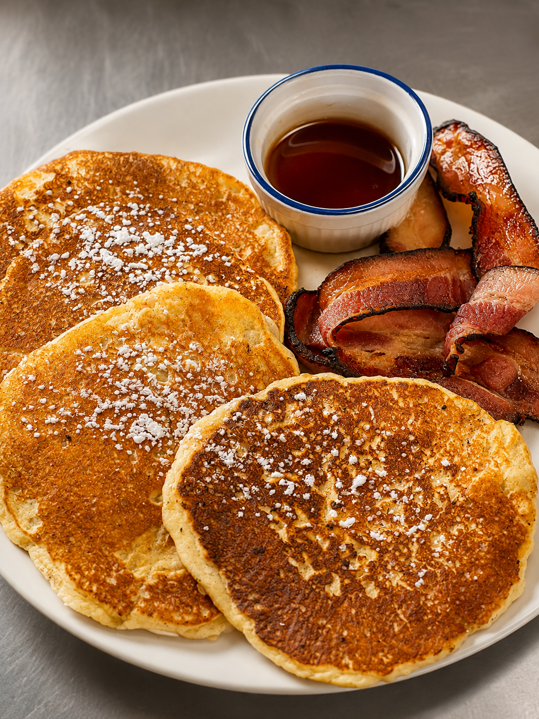Pancakes served with bacon and maple syrup